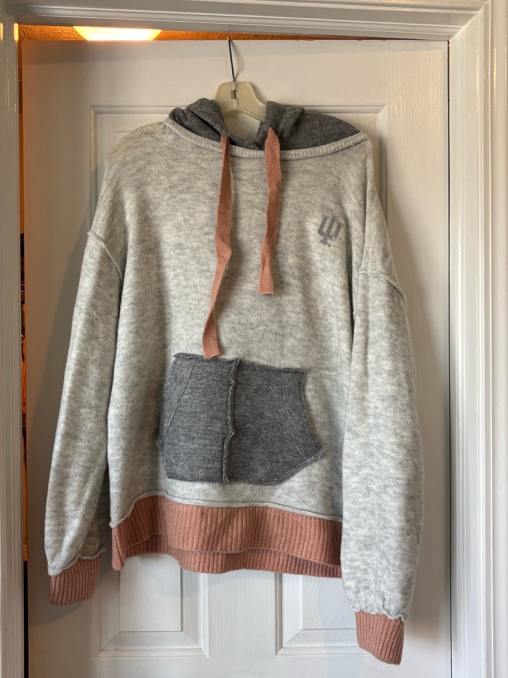 Women’s IU Hoodie Sweater in Light Gray with Dusty Rose Trim